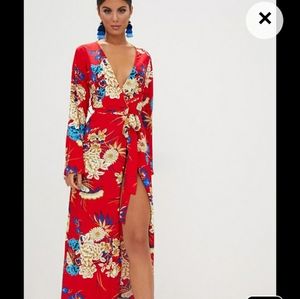 Pretty Little Thing Red Floral Maxi Dress Size 12